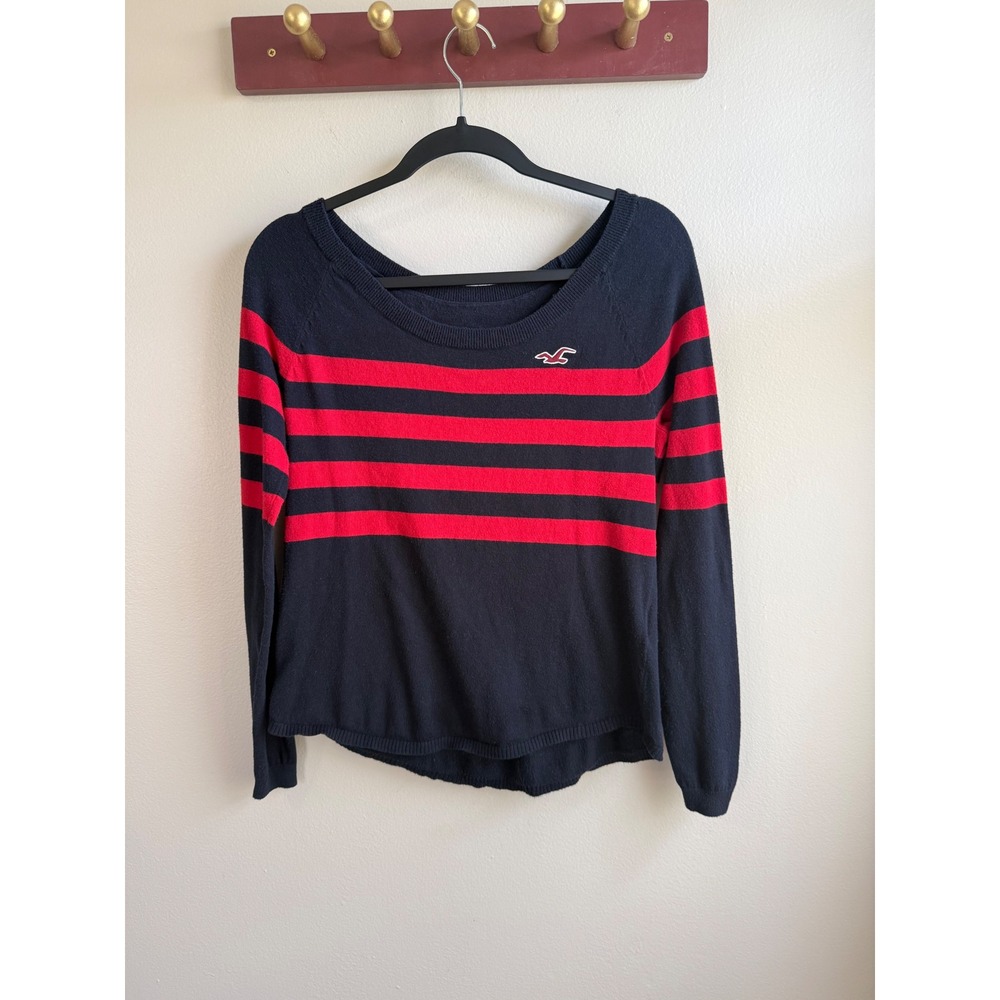 Hollister Womens Navy Blue Red Striped Scoop Neck Knit Sweater Small